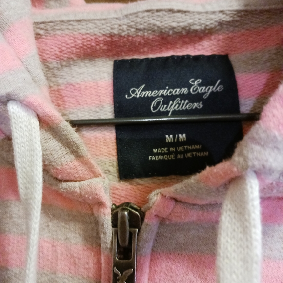 American Eagle Outfitters Striped Pink and Grey Hoodie - Medium - Picture 3 of 4